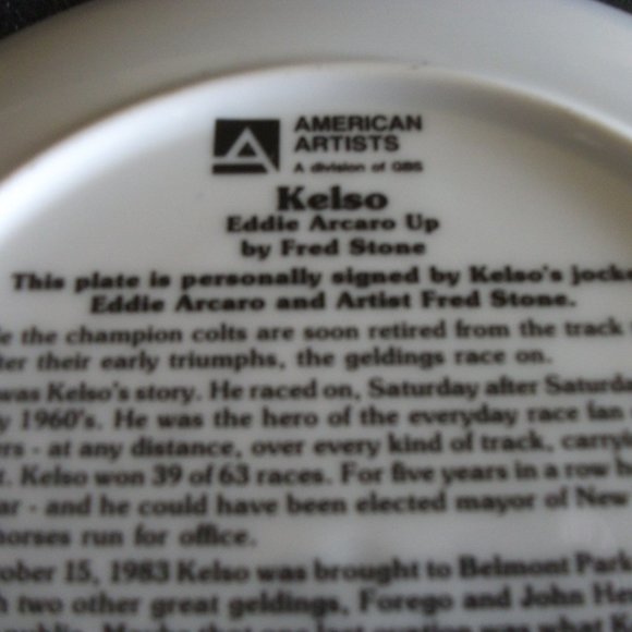 Fred Stone Gold Signature Edition Kelso Eddie Arcaro Up Collectors Plate - Picture 4 of 10